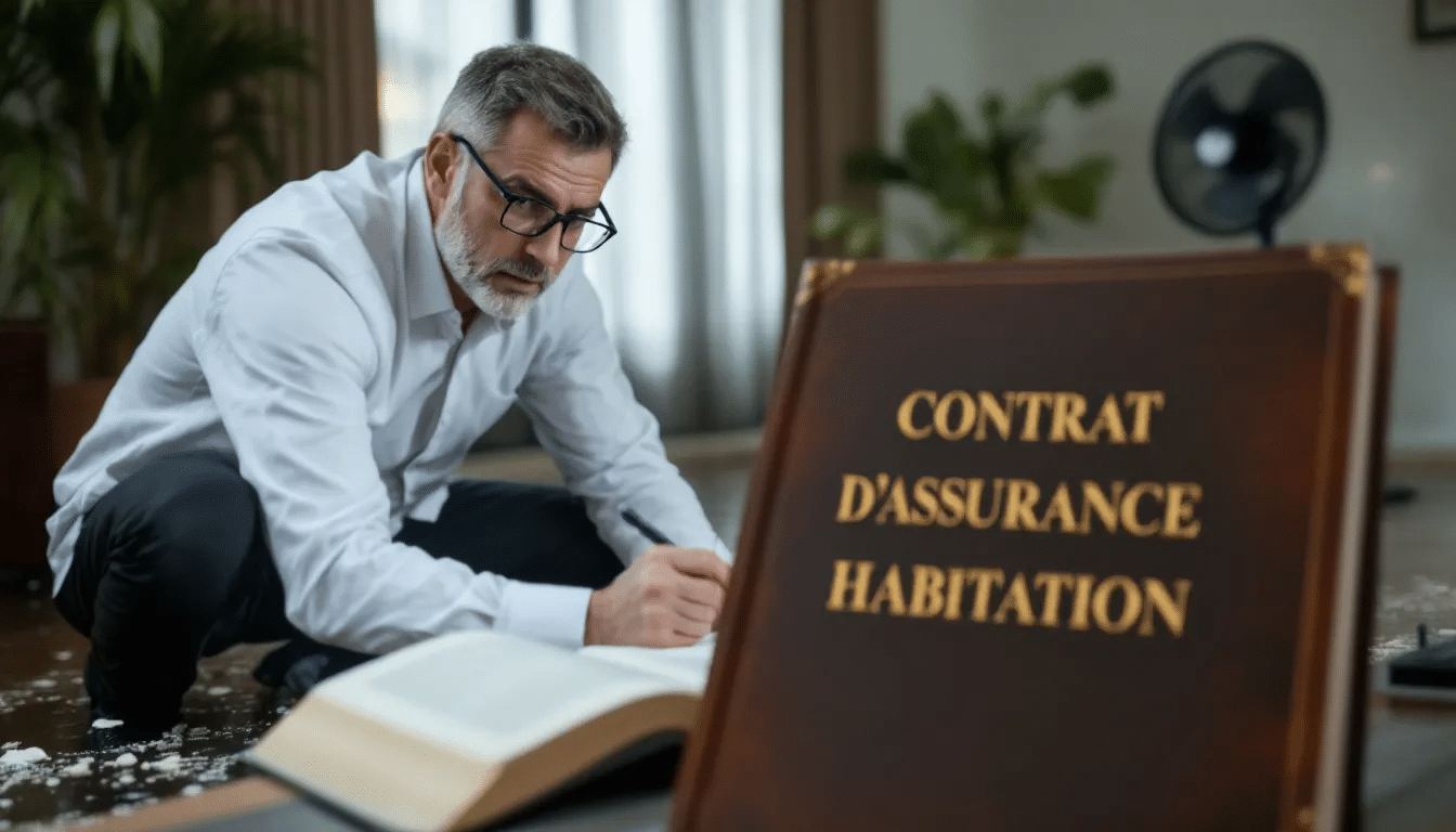 Un expert inspectant les dégâts causés par l'eau dans une maison après un sinistre.
